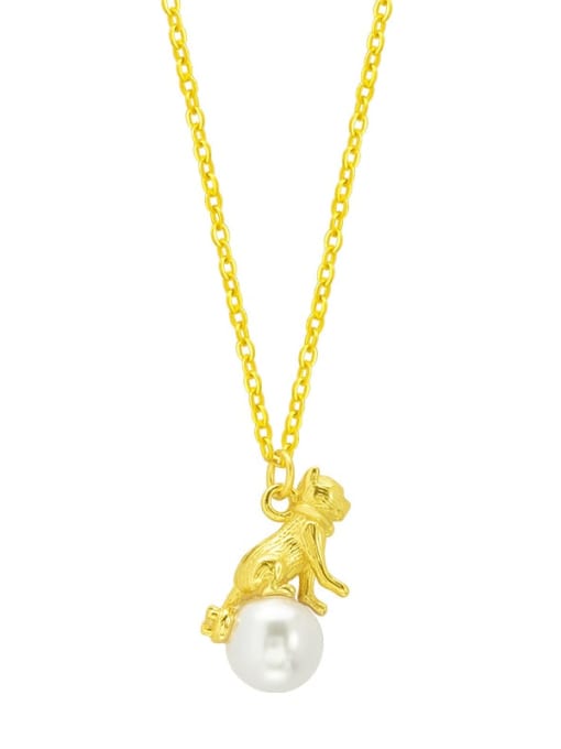 SILVER MI 925 Sterling Silver Imitation Pearl Cat Cute Necklace