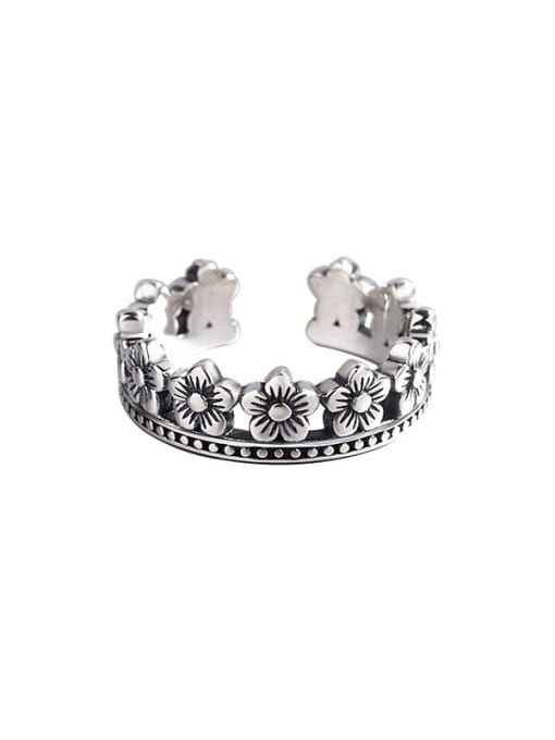 HAHN 925 Sterling Silver Vintage Retro Hollow Rose Crown  Band Ring