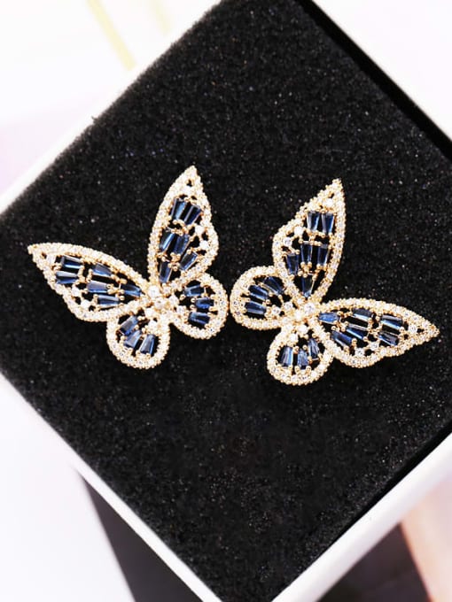 Golden Blue Diamond Brass Cubic Zirconia Butterfly Statement Stud Earring