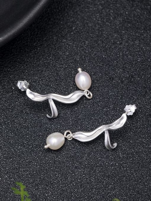 SILVER MI 925 Sterling Silver Freshwater Pearl Flower Vintage Drop Earring 2