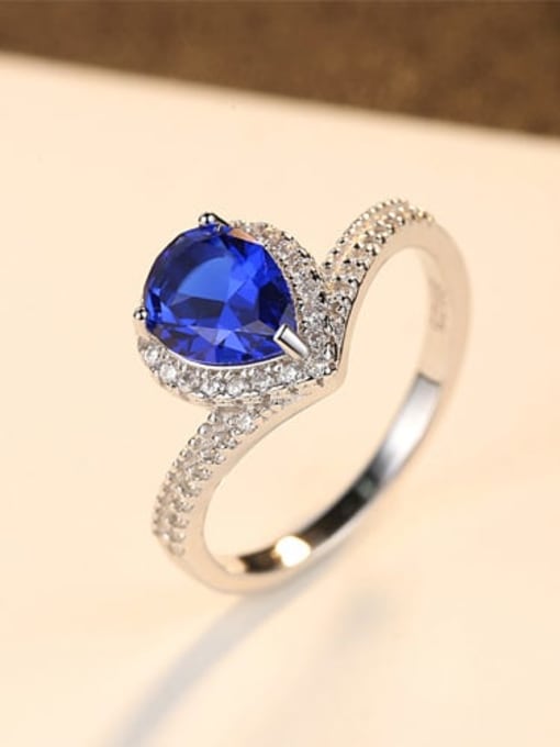 22G07 925 Sterling Silver Cubic Zirconia Blue Heart Trend Band Ring