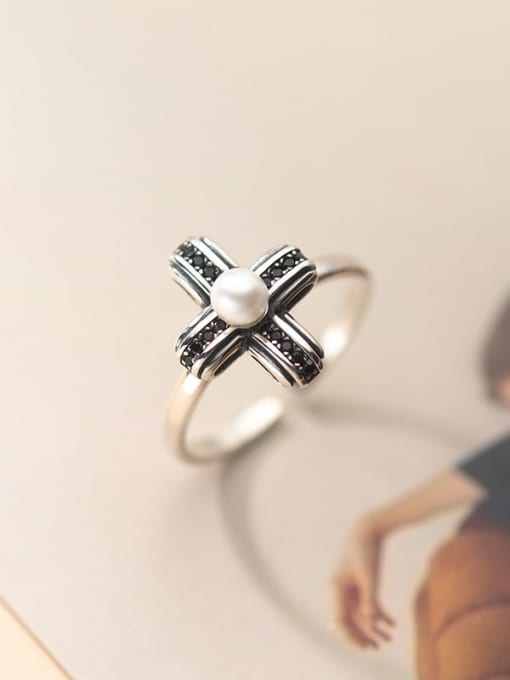 Rosh 925 Sterling Silver Imitation Pearl Cross Vintage Band Ring 1