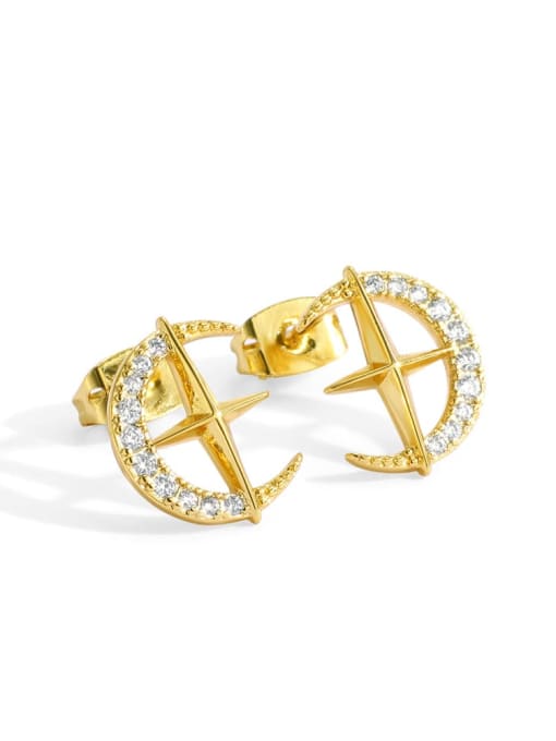 Golden Moon Star Earrings Brass Cubic Zirconia Moon Minimalist Stud Earring