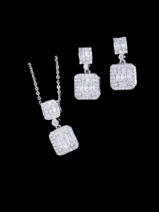 platinum Brass Cubic Zirconia Luxury Geometric  Earring and Necklace Set
