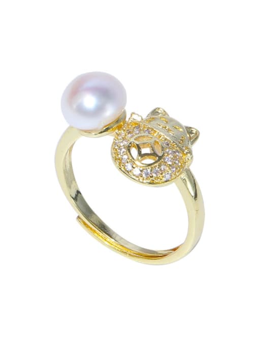 RAIN Brass Freshwater Pearl Cat Vintage Band Ring