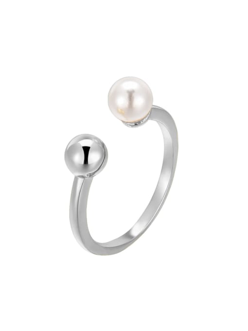 White gold round bead pearl ring 925 Sterling Silver Imitation Pearl Geometric Minimalist Band Ring