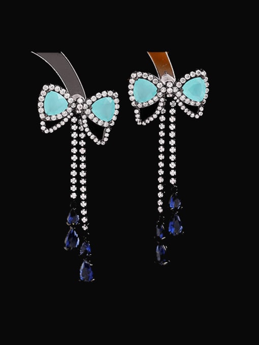 blue Brass Cubic Zirconia Water droplets Tassel Luxury Cluster Earring