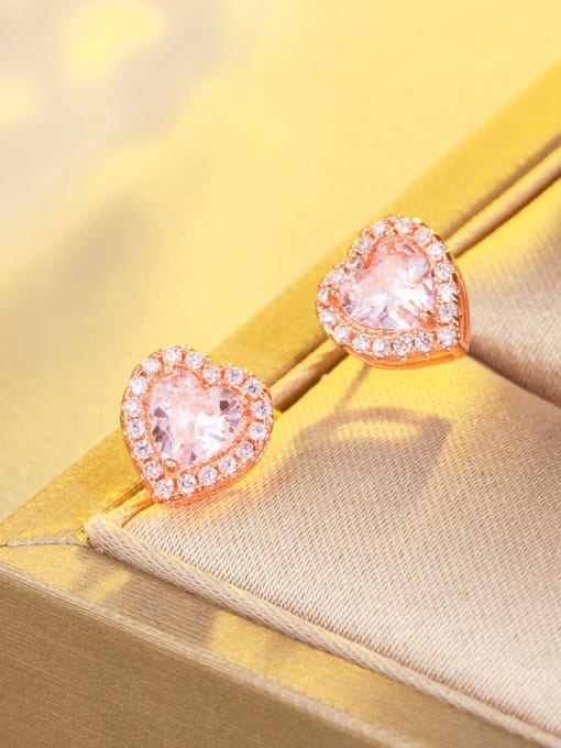 Pink Brass Cubic Zirconia Heart Dainty Stud Earring