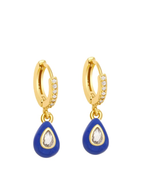 blue Brass Cubic Zirconia Multi Color Enamel Water Drop Vintage Huggie Earring