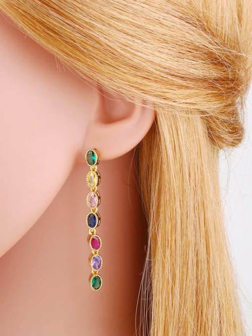 CC Brass Glass Stone Multi Color Tassel Minimalist Drop Earring 1