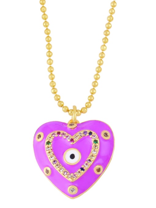 purple Brass Enamel Evil Eye Vintage Heart  Pendant Necklace