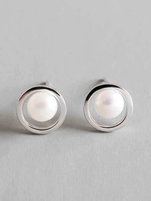DAKA 925 Sterling Silver Imitation Pearl Round Minimalist Stud Earring 2