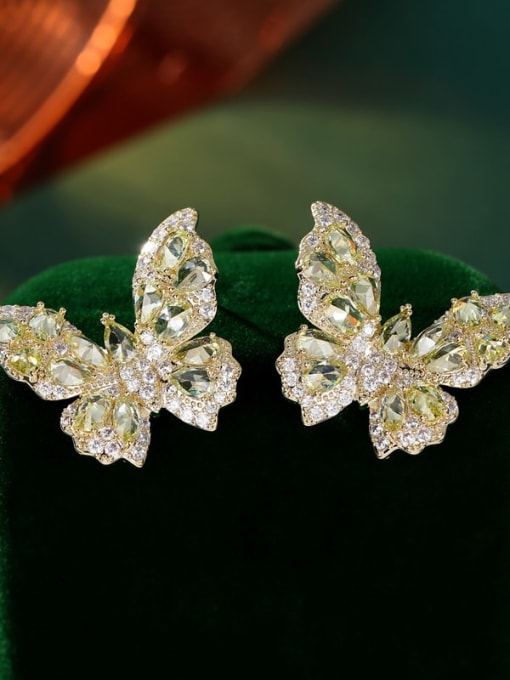 Large Olive Green Brass Cubic Zirconia Butterfly Luxury Cluster Earring