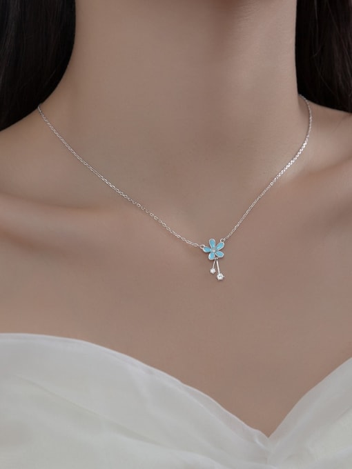 Rosh 925 Sterling Silver Imitation Pearl Enamel Flower Cute Tassel Necklace 1