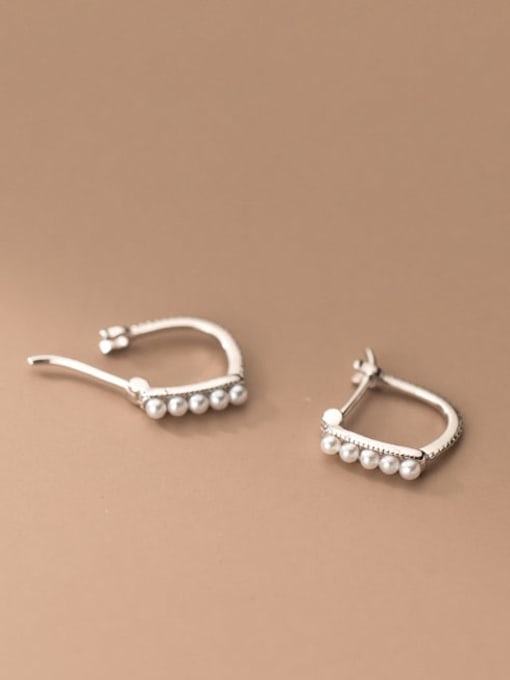 Rosh 925 Sterling Silver Imitation Pearl Geometric Minimalist Huggie Earring