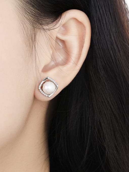 DAKA 925 Sterling Silver Imitation Pearl Square Minimalist Stud Earring 1
