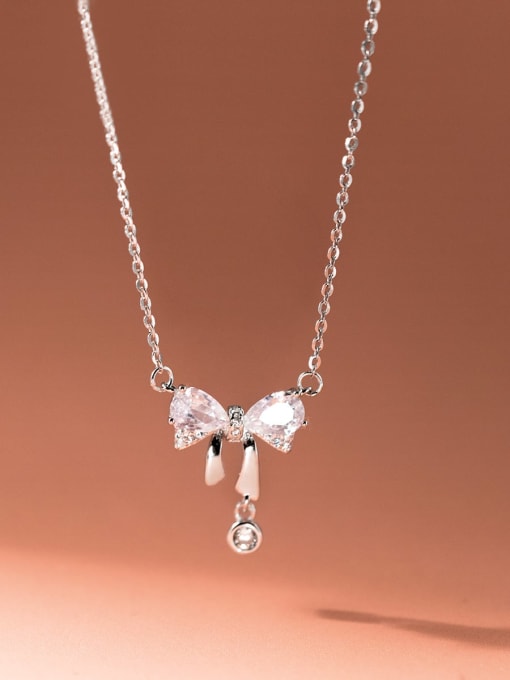 Rosh 925 Sterling Silver Cubic Zirconia Bowknot Dainty Necklace 2