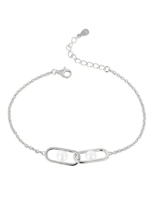 Platinum pearl bracelet 925 Sterling Silver Freshwater Pearl Geometric Minimalist Link Bracelet