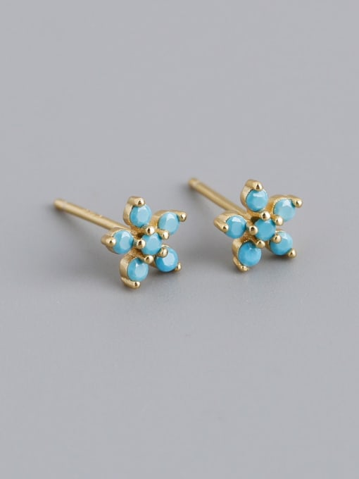 Turquoise (gold) plastic plug 925 Sterling Silver Cubic Zirconia Flower Vintage Stud Earring