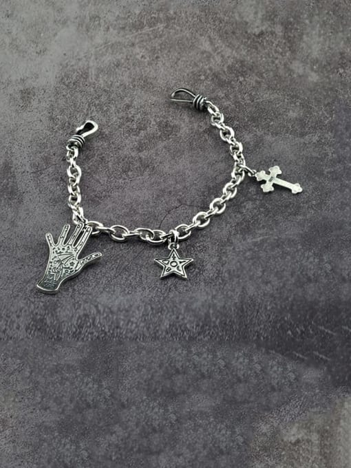 SHUI Vintage Sterling Silver With Simple Retro Hollow Chain Cross Pendant Bracelets