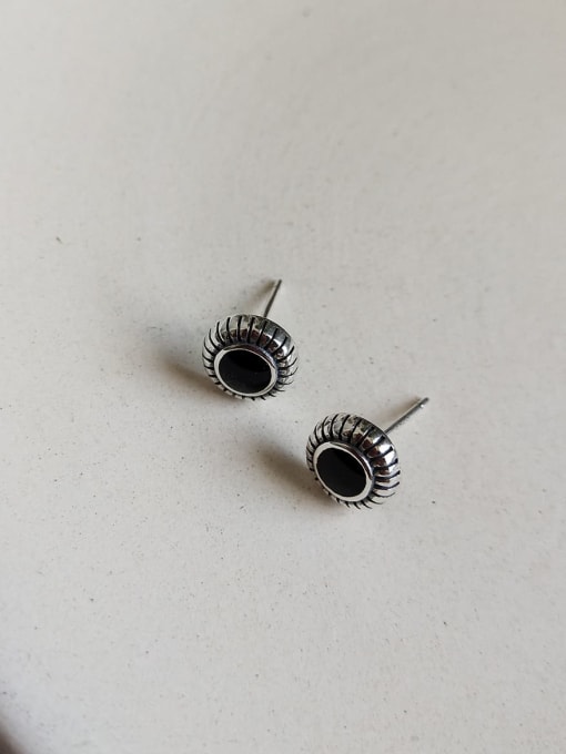 Round dropper in C543 925 Sterling Silver Black Enamel Geometric Vintage Stud Earring