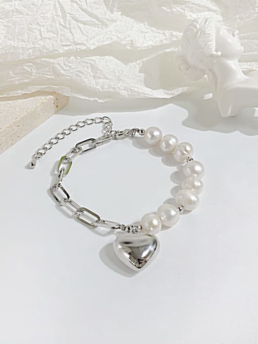 Open Sky Stainless steel Freshwater Pearl Heart Minimalist Link Bracelet 2
