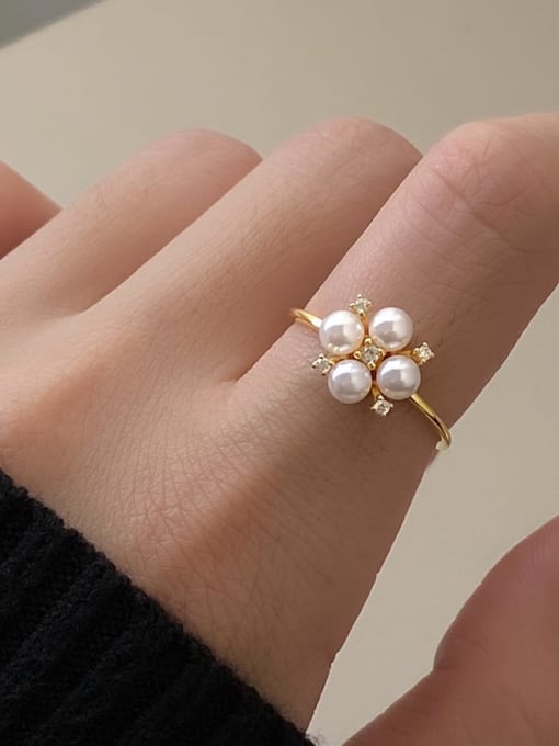 Rosh 925 Sterling Silver Imitation Pearl Flower Cute Band Ring 1