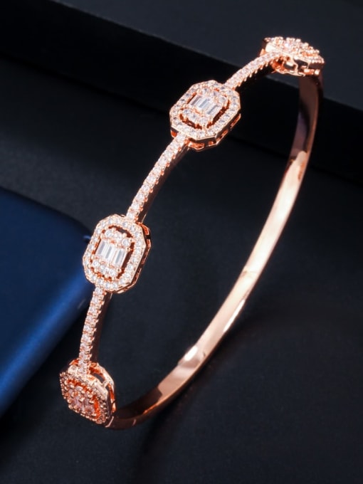 Rose Gold Bracelet Copper Cubic Zirconia Luxury Geometric Ring and Bangle Set