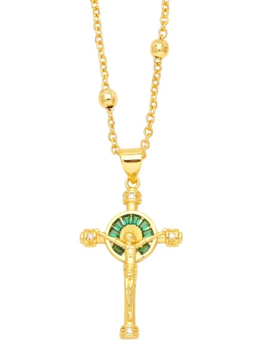 绿色 Brass Cubic Zirconia Cross Hip Hop Regligious Necklace