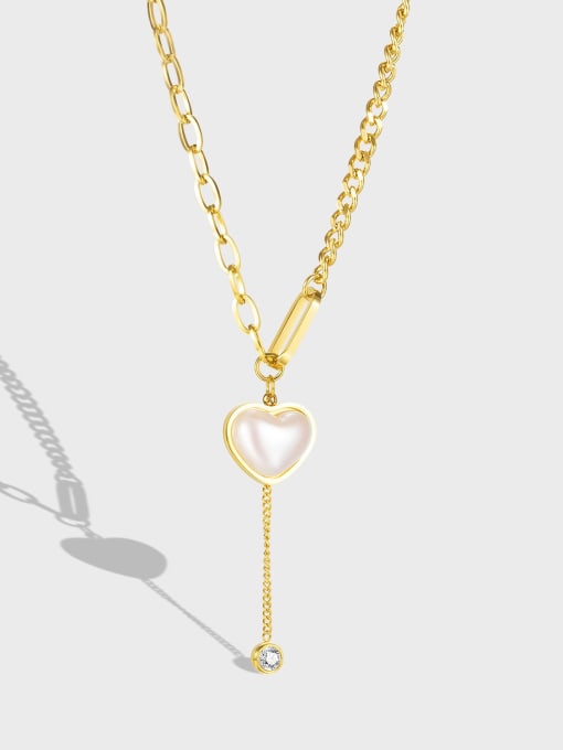 Open Sky Titanium Steel Imitation Pearl Heart Minimalist Tassel Necklace 0