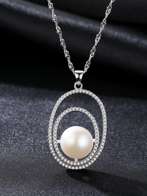White 5C07 925 Sterling Silver Freshwater Pearl Fashion zircon oval pendant  Necklace