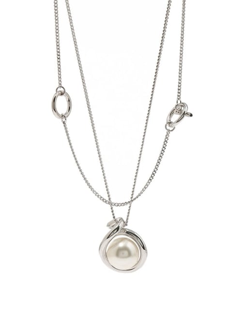 silvery Copper Imitation Pearl White Round Minimalist Multi Strand Necklace