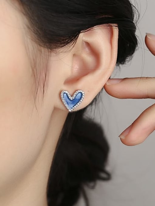 KDP-Silver 925 Sterling Silver Cubic Zirconia Enamel Heart Minimalist Stud Earring 1