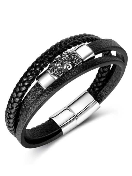 1492 Leather Bracelet Titanium Steel Artificial Leather Weave Hip Hop Set Bangle