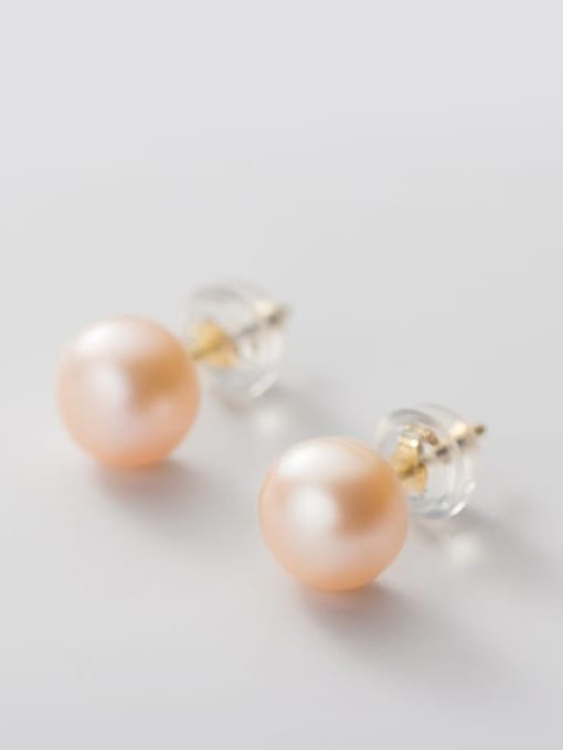 Pink Orange Pearl  Gold 7 -8mm 925 Sterling Silver Freshwater Pearl  Round Minimalist Stud Earring