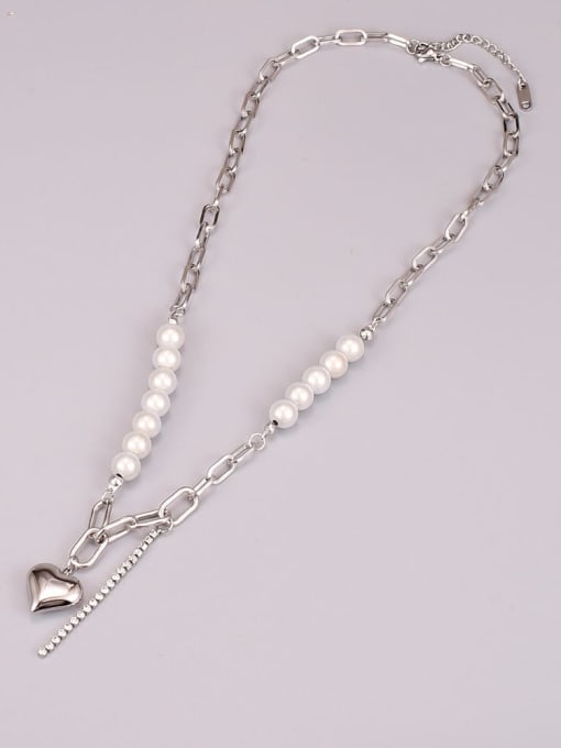 A TEEM Titanium Steel Imitation Pearl Heart Vintage Hollow Chain Necklace 3