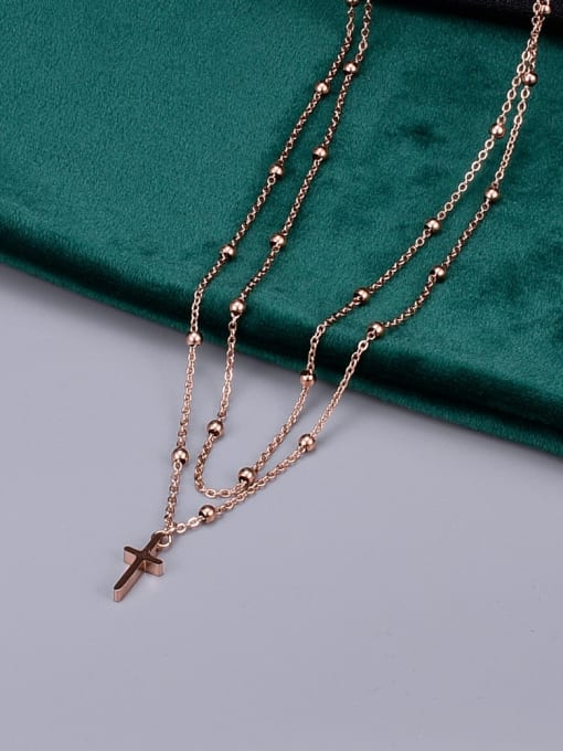 Rose Gold Titanium Bead Cross Classic Multi Strand Necklace
