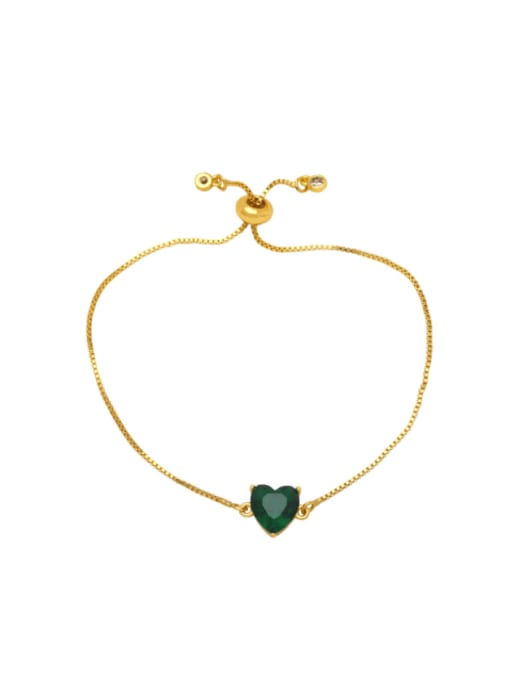 green Brass Cubic Zirconia Heart Minimalist Adjustable Bracelet