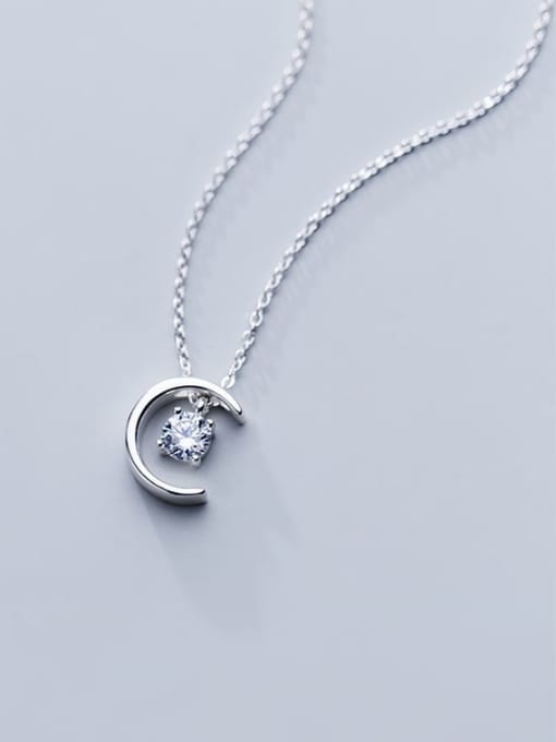 Rosh 925 Sterling Silver Simple Fashion Single Diamond Moon Pendant Necklace 2