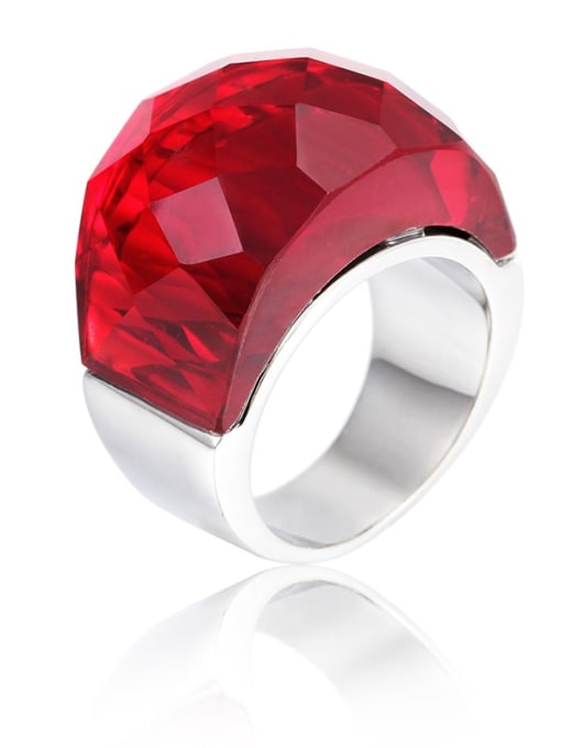 Steel Color , Red Titanium Steel Glass Stone Geometric Ring with waterproof