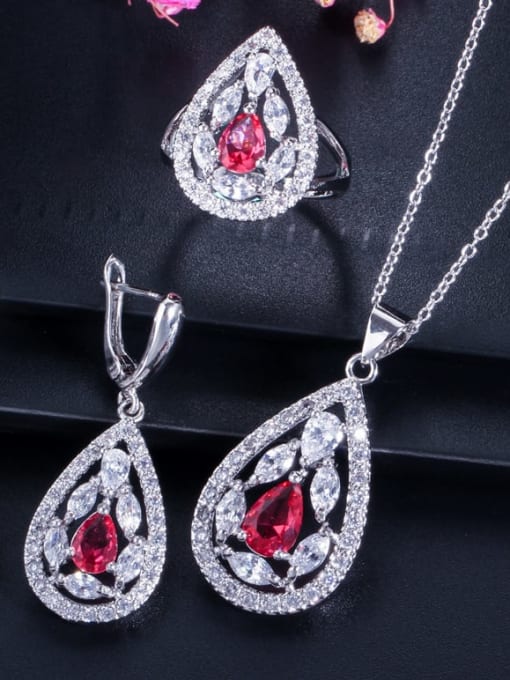 Red ring size 6 Drop Brass Cubic Zirconia Luxury Water  Earring and Necklace Set