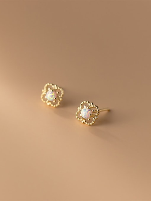 gold 925 Sterling Silver Opal Flower Dainty Stud Earring