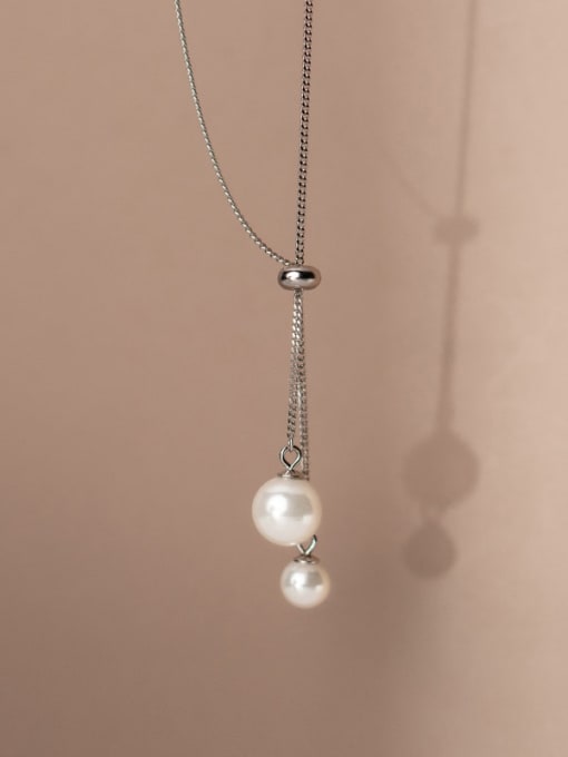 Rosh 925 Sterling Silver Imitation Pearl Tassel Minimalist Necklace 1