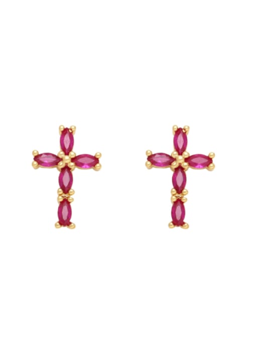 Rose red Brass Cubic Zirconia Cross Minimalist Stud Earring