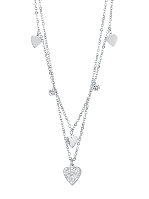 2039 Steel Necklace Titanium Steel Rhinestone Heart Minimalist Multi Strand Necklace