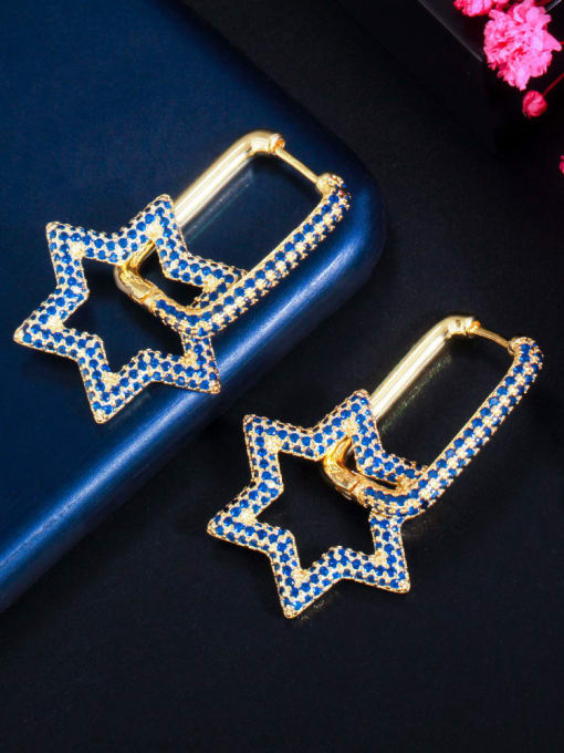 Golden Blue Brass Cubic Zirconia Geometric Luxury Huggie Earring