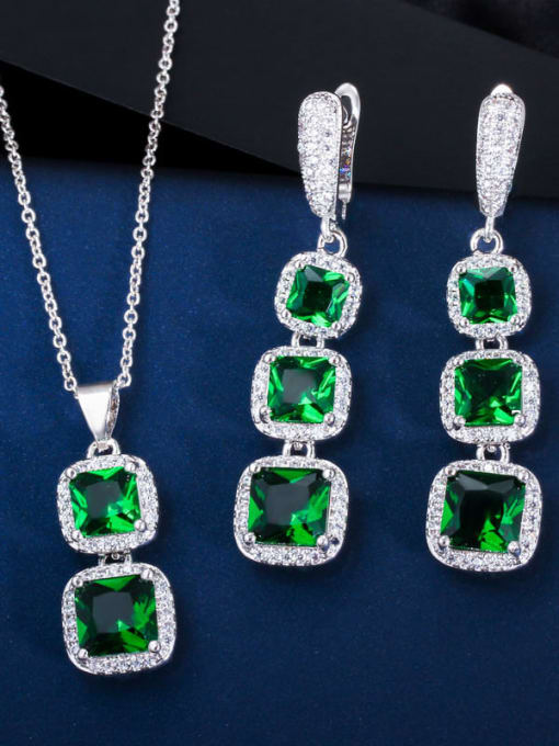 green Brass Cubic Zirconia Luxury Geometric  Earring and Necklace Set