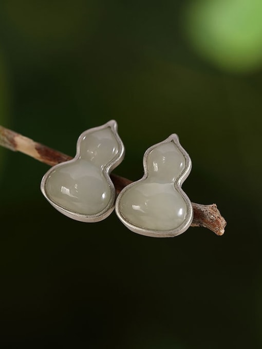 White jade 925 Sterling Silver Jade Geometric gourd  Cute Stud Earring