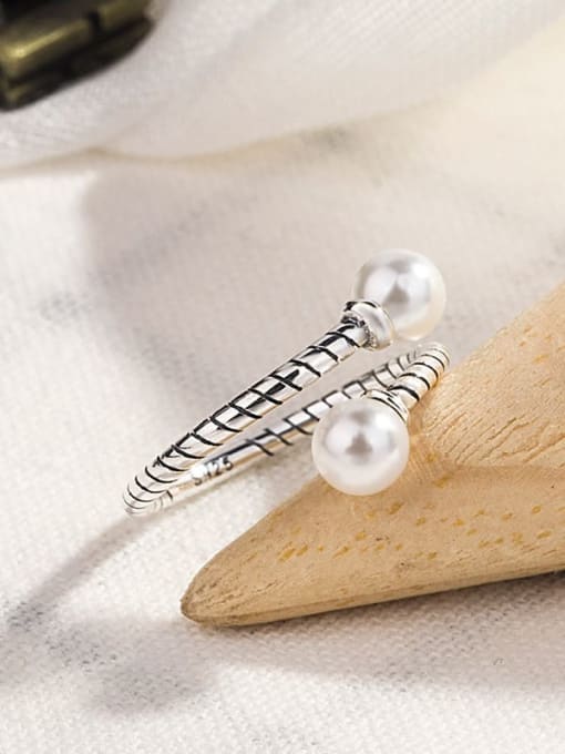 HAHN 925 Sterling Silver Imitation Pearl Geometric Vintage Band Ring 3
