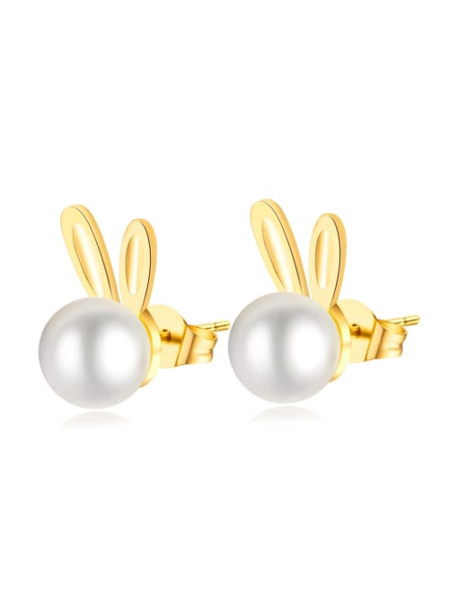 799 steel earrings gold Titanium Steel Imitation Pearl Rabbit Cute Stud Earring